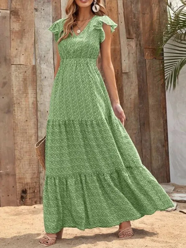 Maxi Dress with Ruffled Sleeves and Tiered Skirt