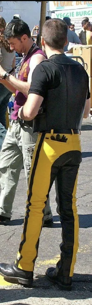 Men's Cowhide Bikers Yellow Pants With Black Panels Bikers Pants / Trousers