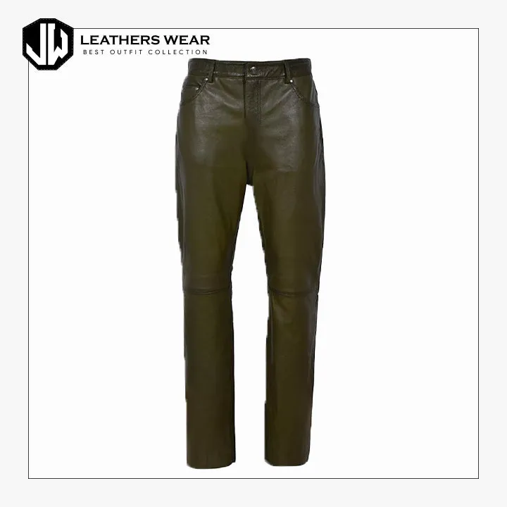 Mens Leather Trouser Olive Green
