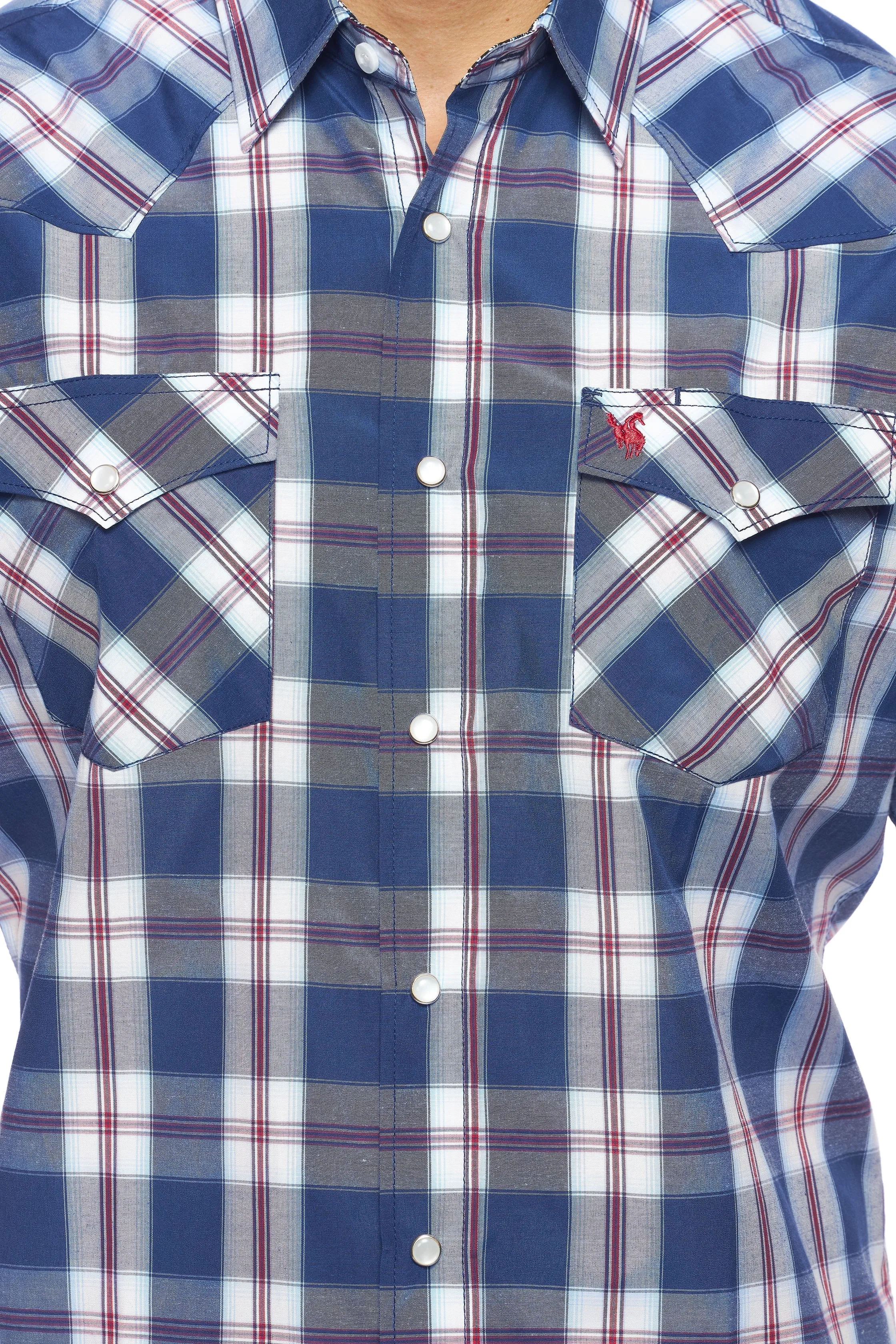 Men's Western Short Sleeve Pearl Snaps Plaid Shirt-PS400S-403