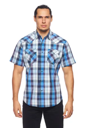 Men's Western Short Sleeve Pearl Snaps Plaid Shirt-PS400S-468
