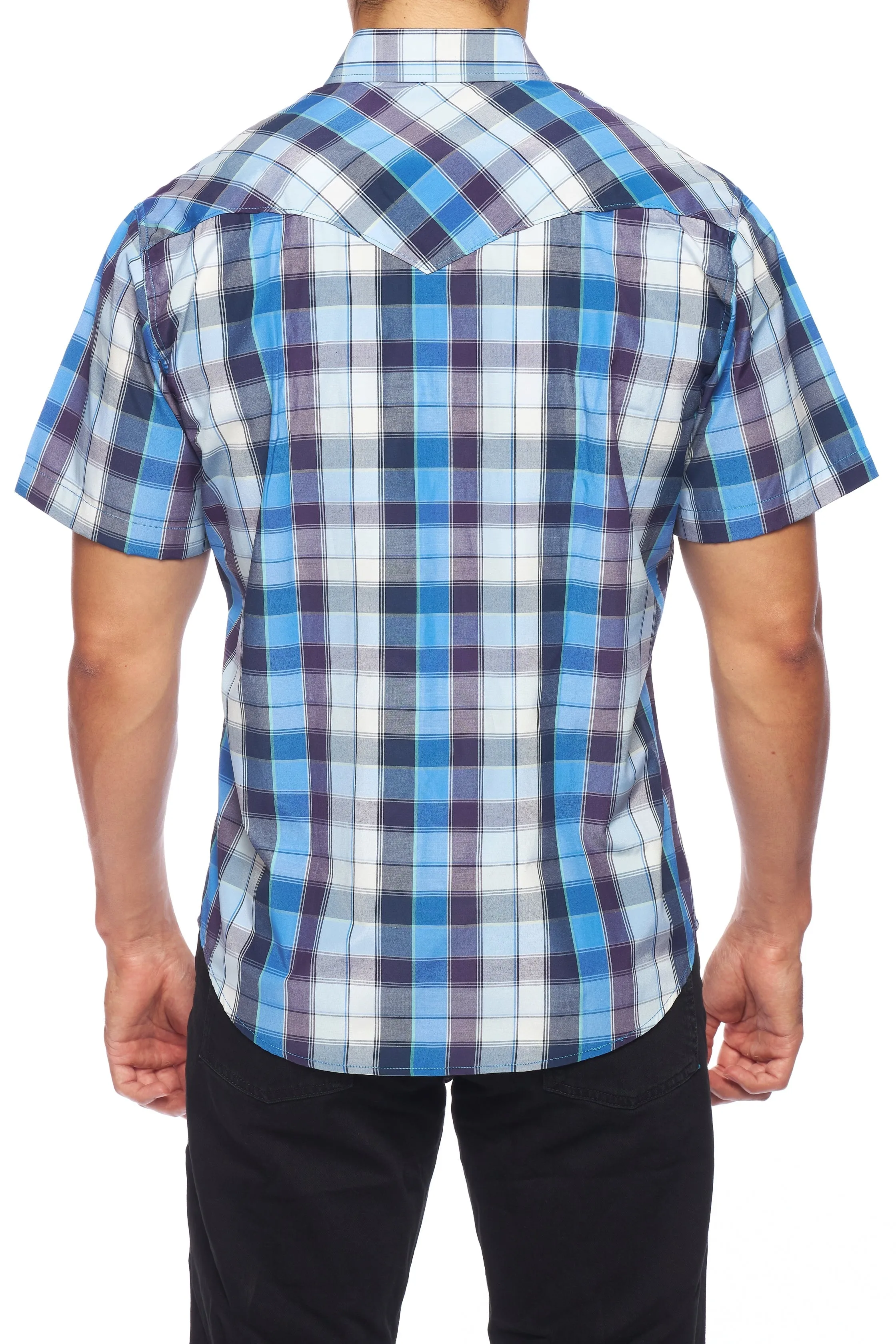 Men's Western Short Sleeve Pearl Snaps Plaid Shirt-PS400S-468