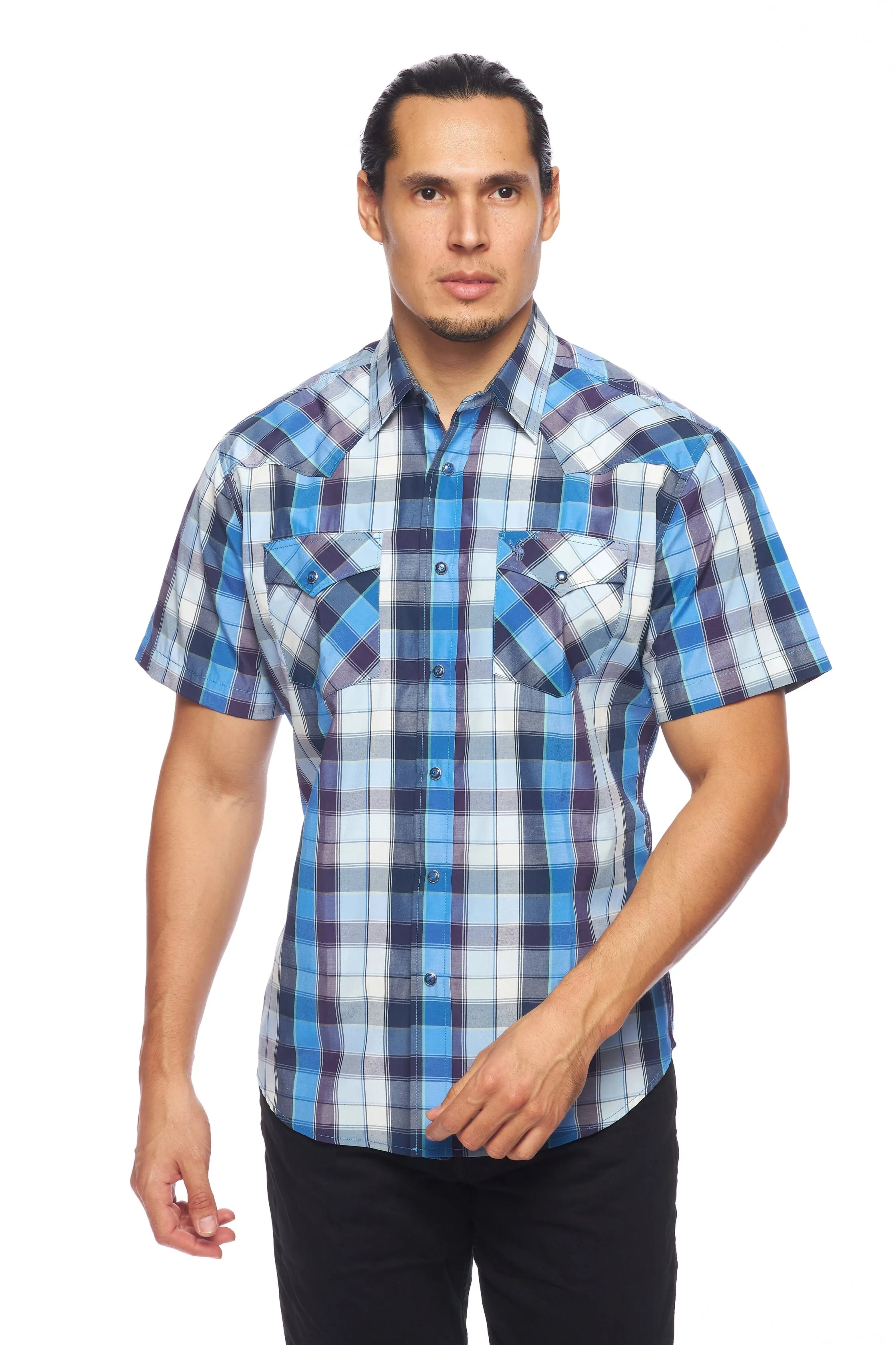 Men's Western Short Sleeve Pearl Snaps Plaid Shirt-PS400S-468