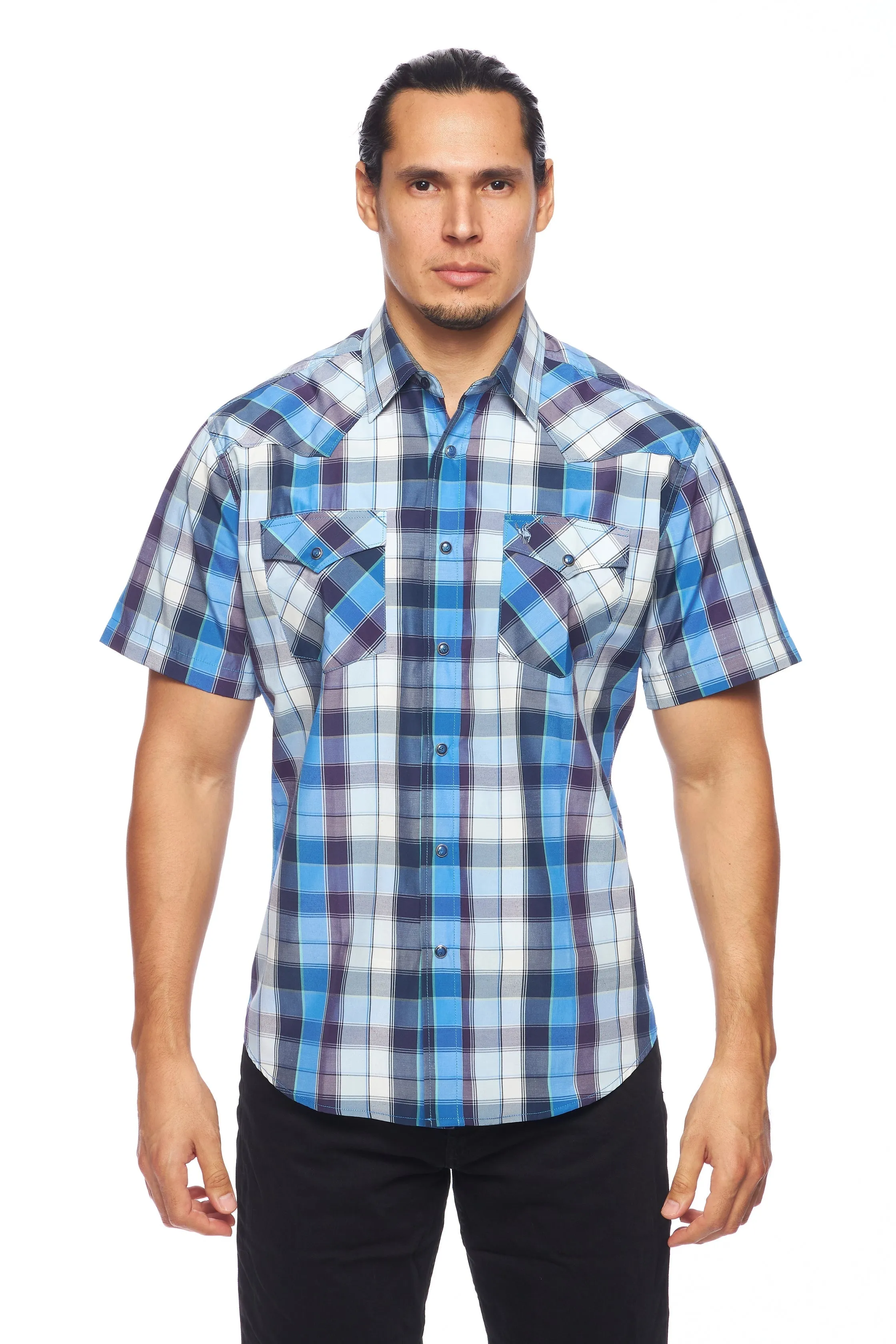 Men's Western Short Sleeve Pearl Snaps Plaid Shirt-PS400S-468