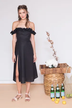 MEXICO Ruffled Off Shoulder Midi Dress with Slit (Black Linen)