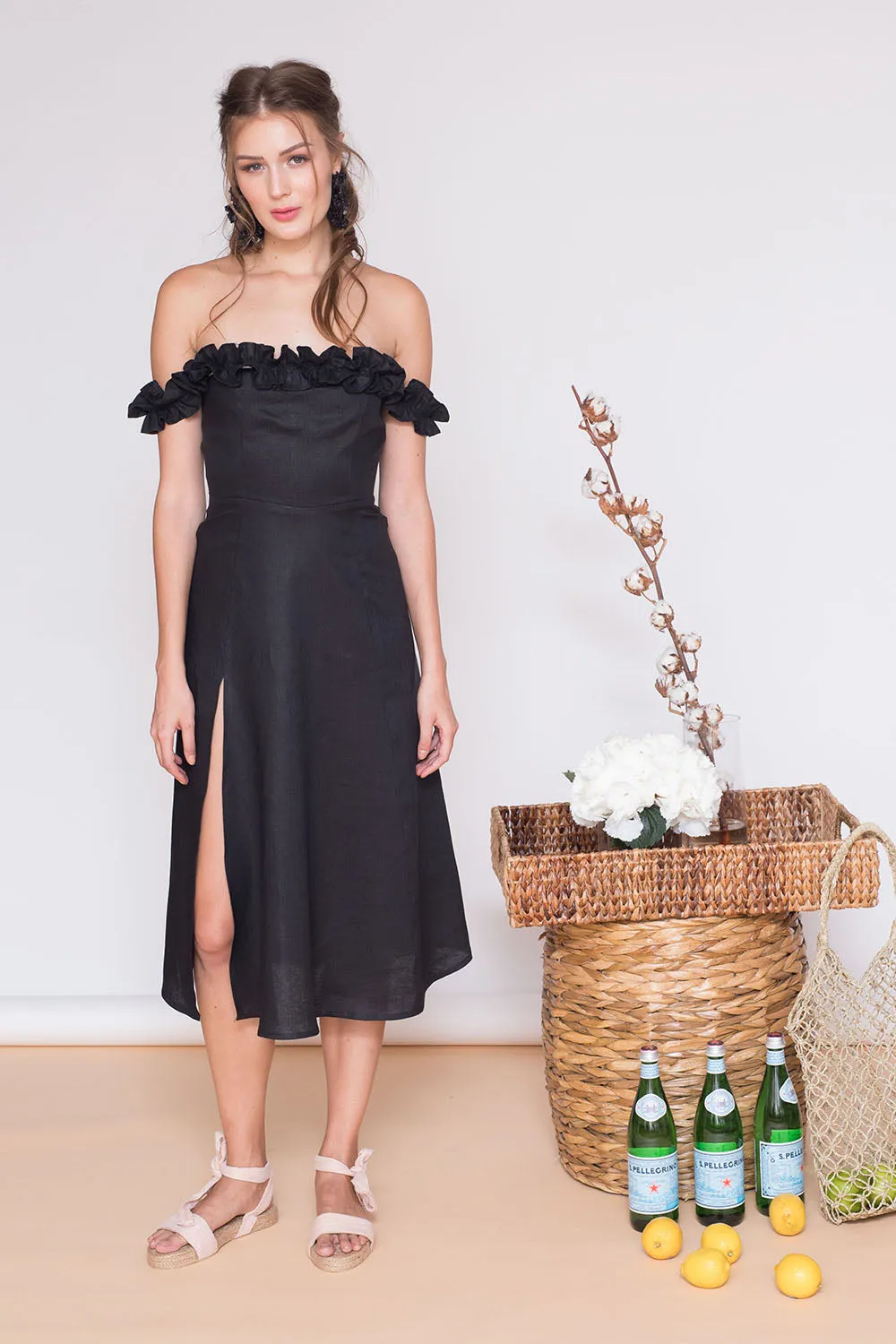 MEXICO Ruffled Off Shoulder Midi Dress with Slit (Black Linen)