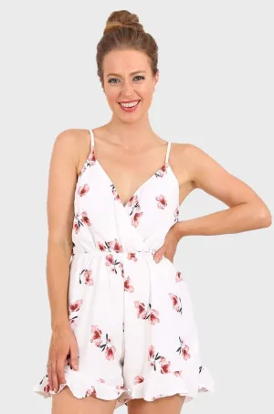 MISS PINKI Rose ruffle Playsuit in pink floral - white
