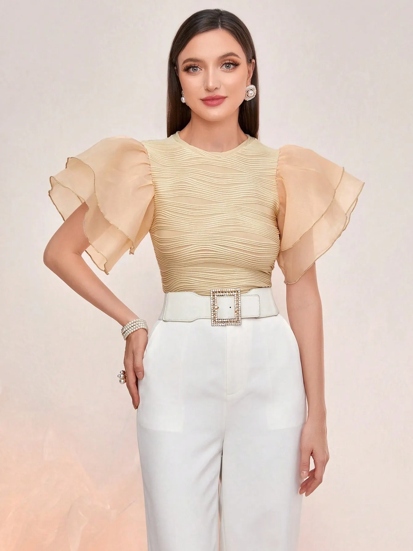 Modely Solid Mesh Butterfly Sleeve Tee