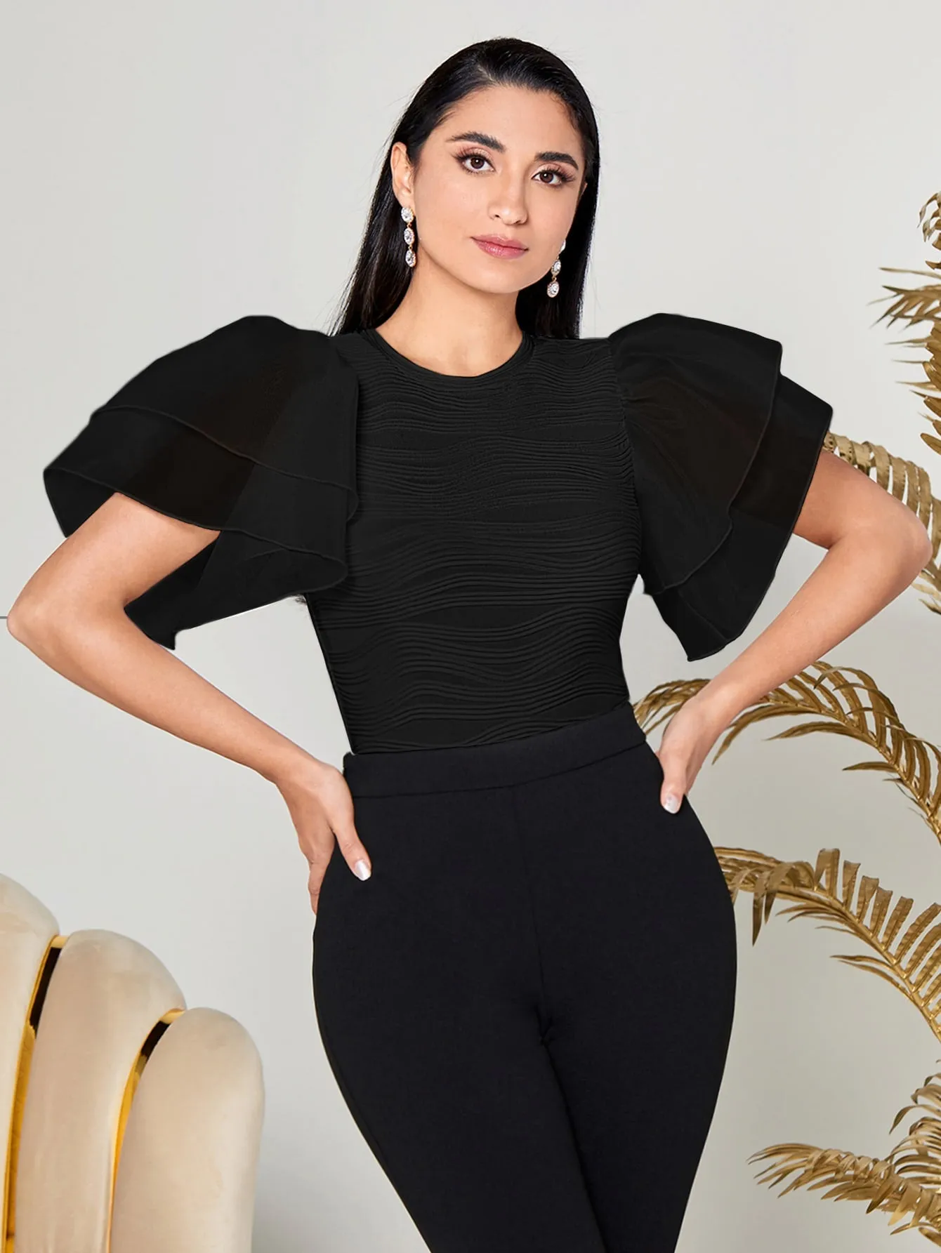 Modely Solid Mesh Butterfly Sleeve Tee