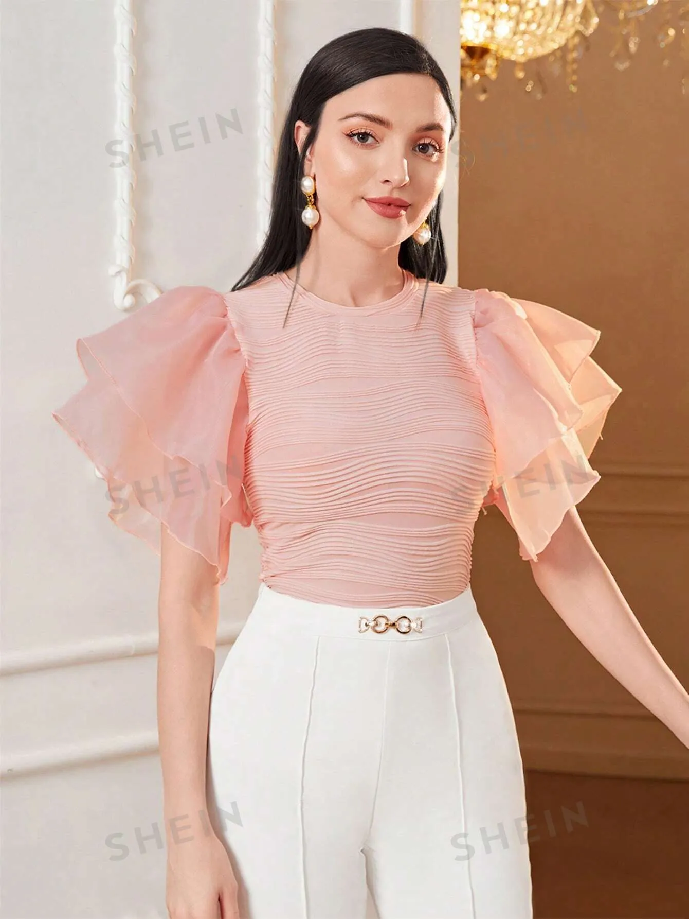 Modely Solid Mesh Butterfly Sleeve Tee