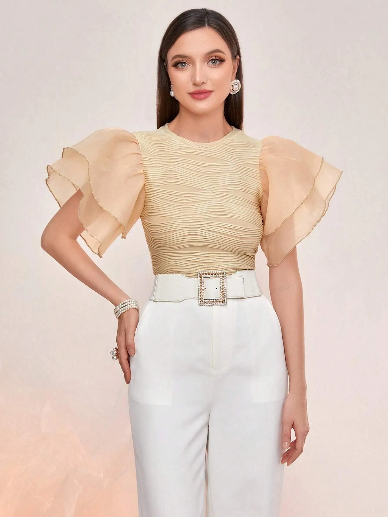 Modely Solid Mesh Butterfly Sleeve Tee