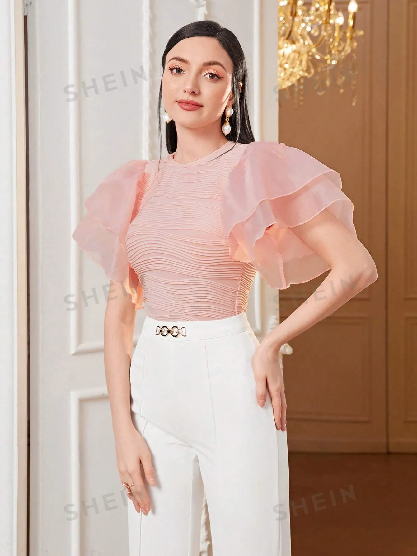 Modely Solid Mesh Butterfly Sleeve Tee