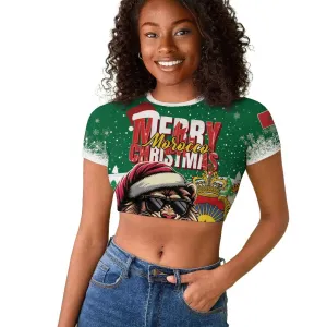 Morocco Christmas Raglan Cropped T shirt Santa Lion With Rose Xmas Vibe LT01