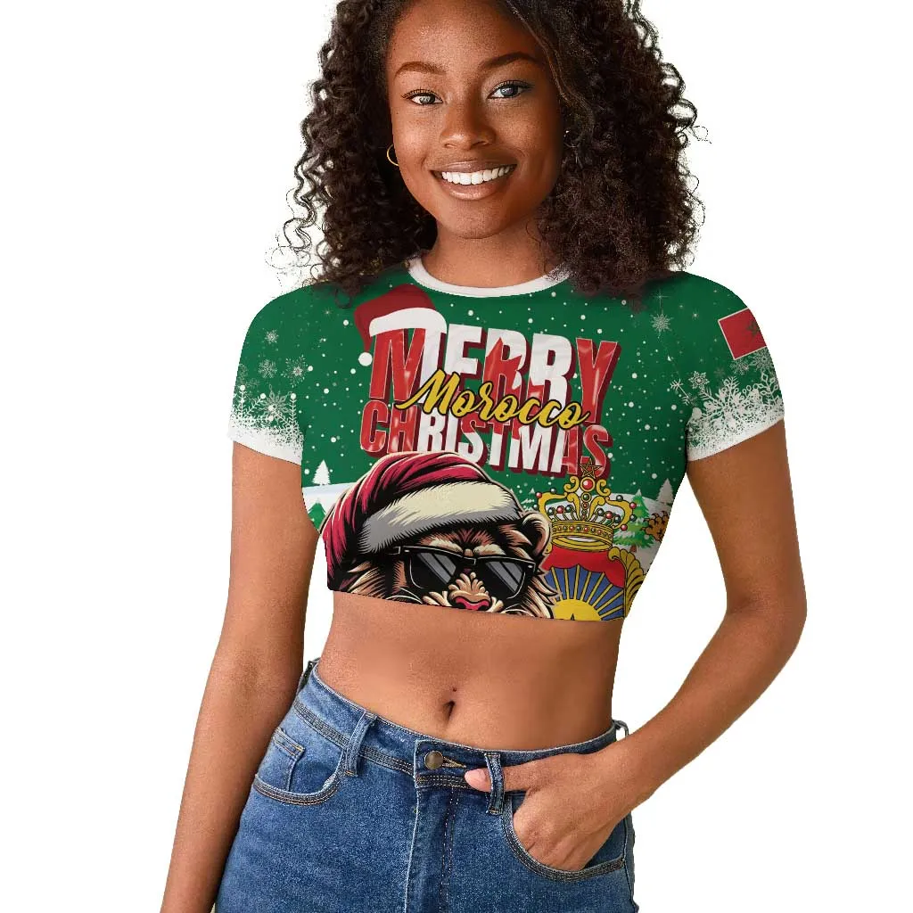 Morocco Christmas Raglan Cropped T shirt Santa Lion With Rose Xmas Vibe LT01