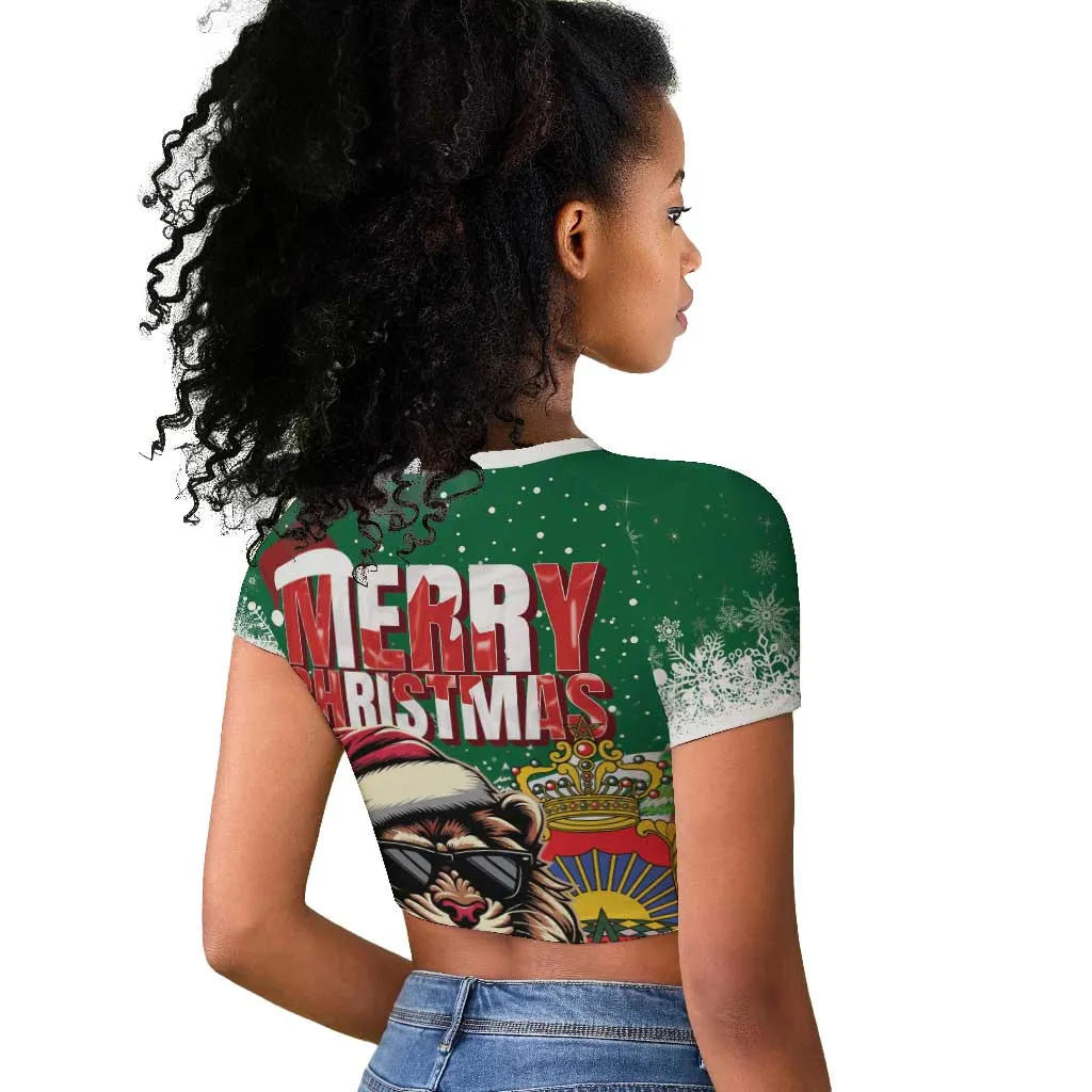 Morocco Christmas Raglan Cropped T shirt Santa Lion With Rose Xmas Vibe LT01
