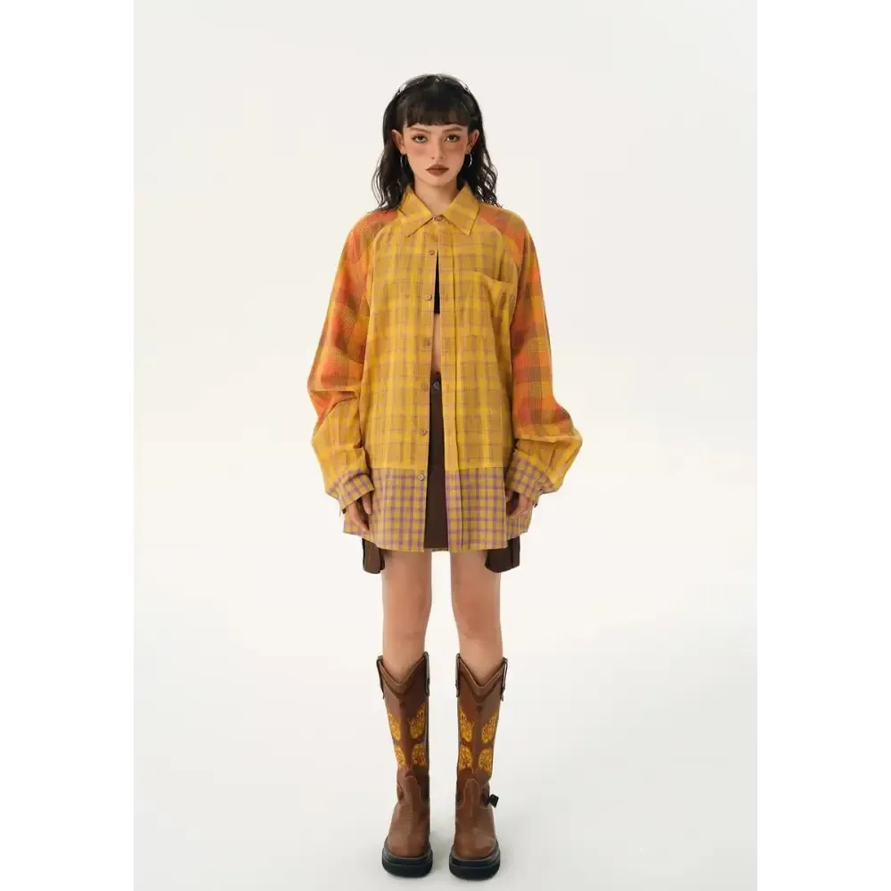 Multi Pattern Plaid Shirt for a Grunge Aesthetic Casual Look