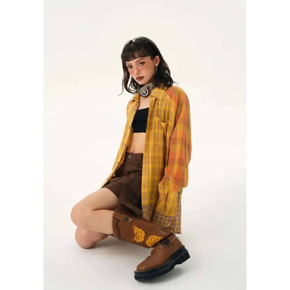 Multi Pattern Plaid Shirt for a Grunge Aesthetic Casual Look