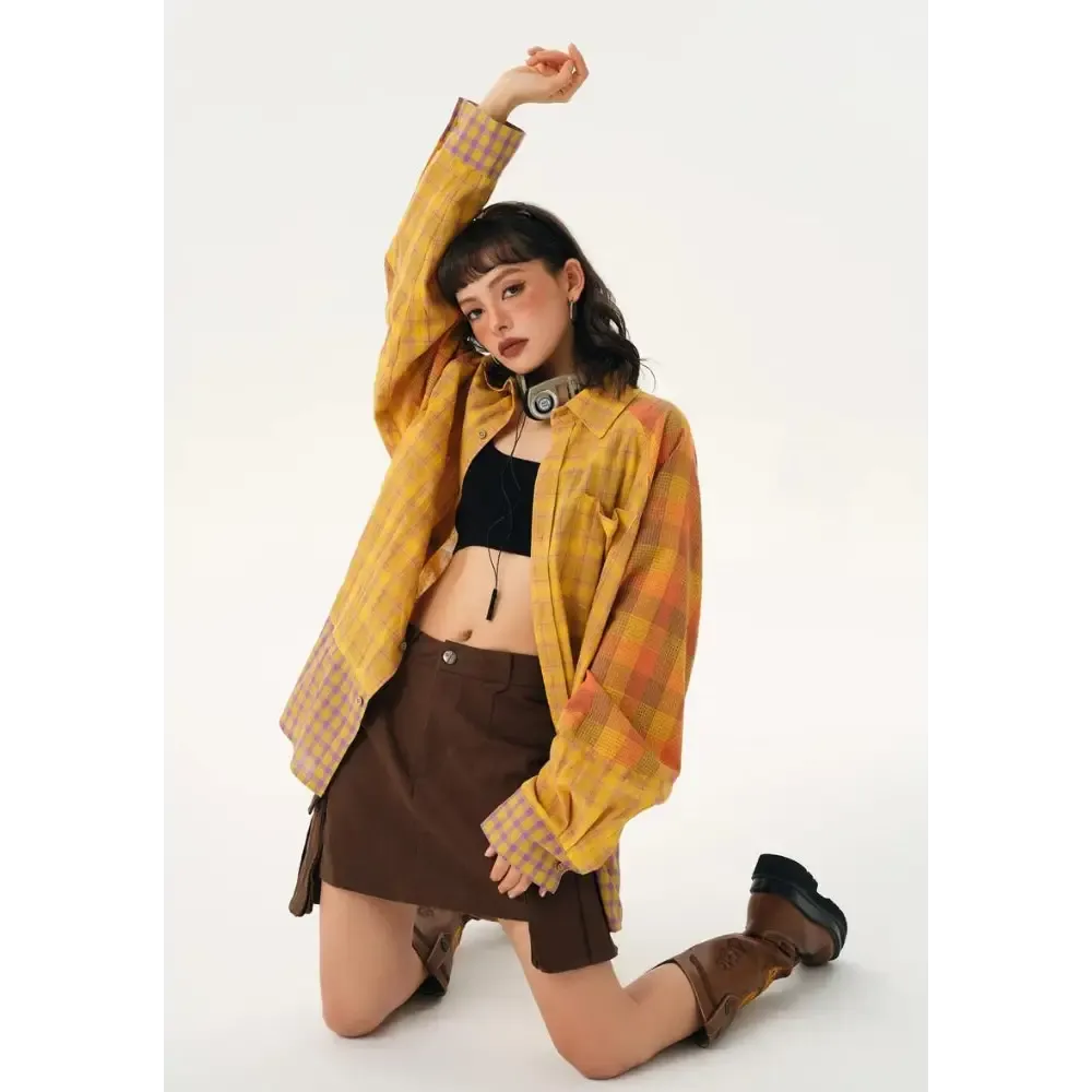 Multi Pattern Plaid Shirt for a Grunge Aesthetic Casual Look