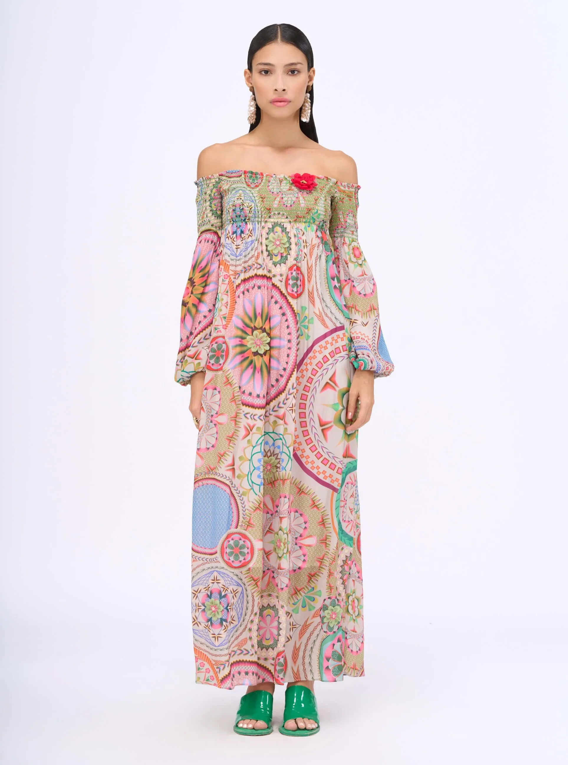 Multicolor smocking off-shoulder dress