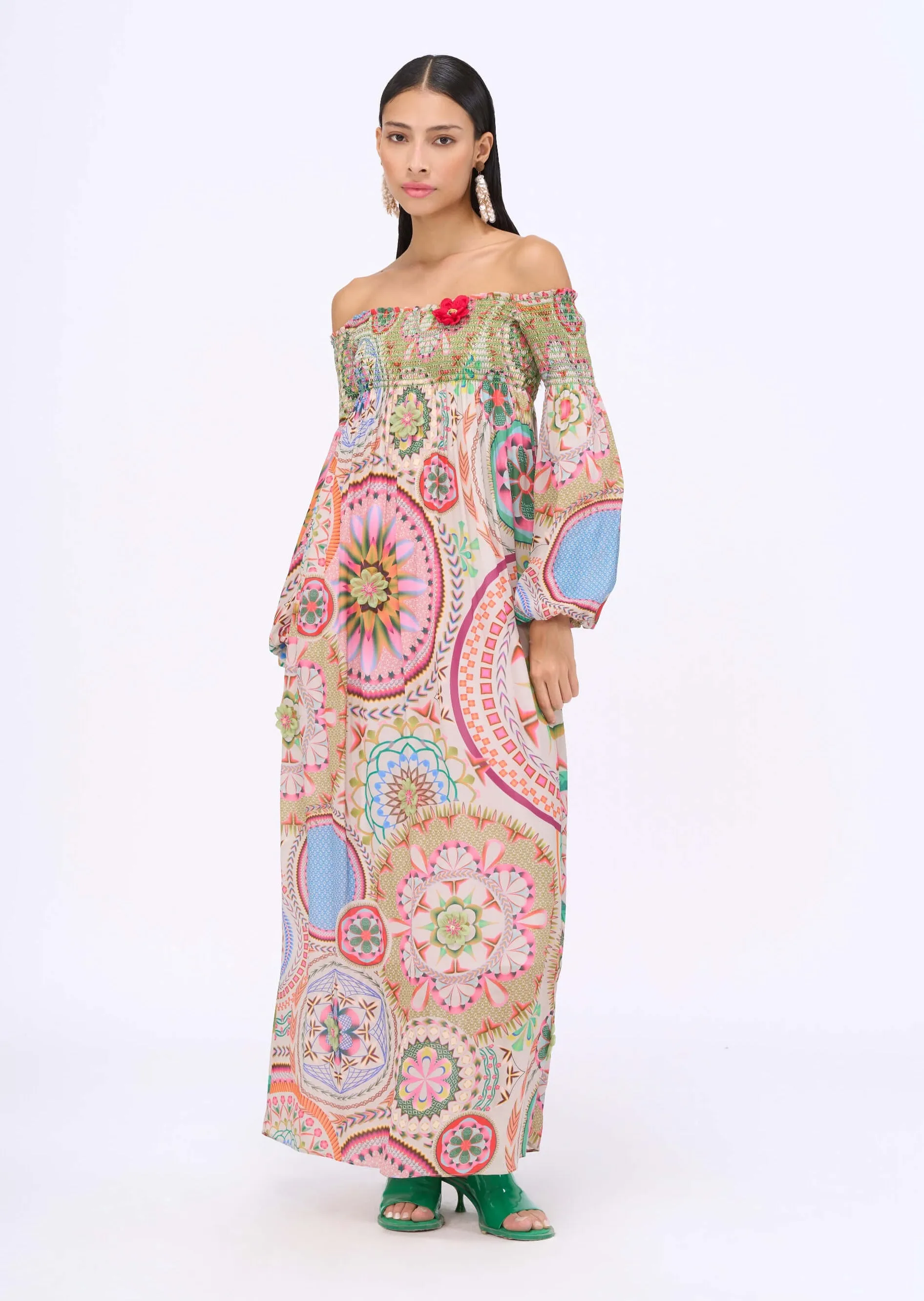 Multicolor smocking off-shoulder dress