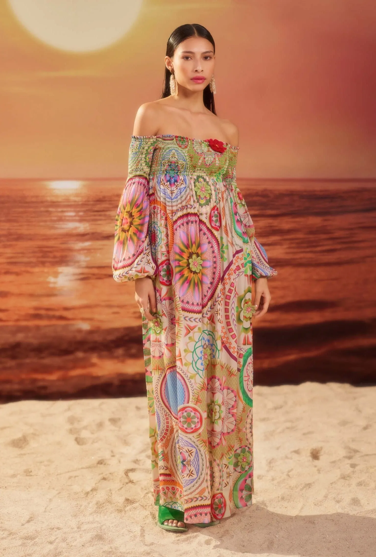 Multicolor smocking off-shoulder dress