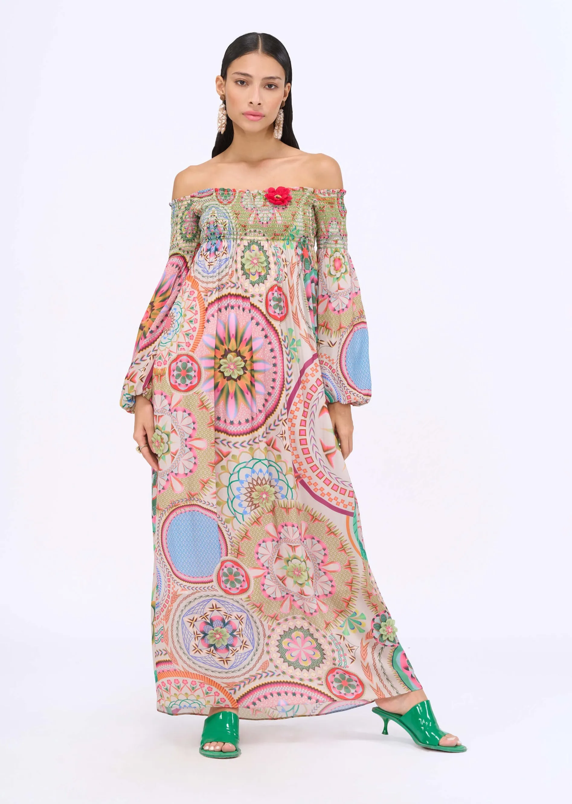 Multicolor smocking off-shoulder dress