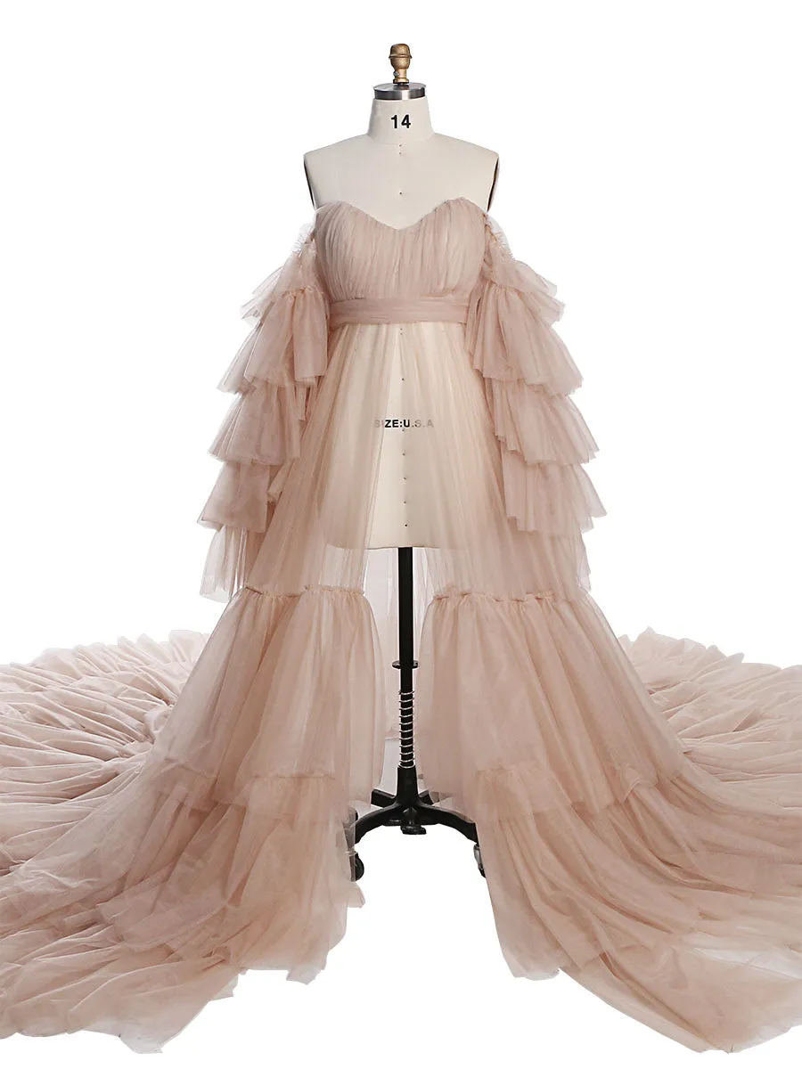 New Arrival Tulle Maternity Dress for Photo Shoots Ruffled Lace Up Evening Gown Photography Gown YEWEN YW220934
