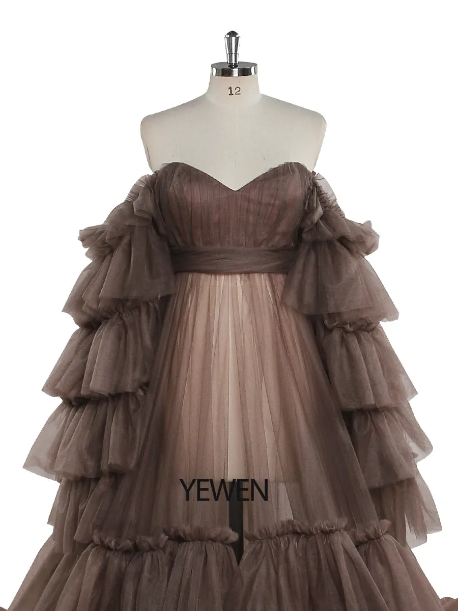 New Arrival Tulle Maternity Dress for Photo Shoots Ruffled Lace Up Evening Gown Photography Gown YEWEN YW220934