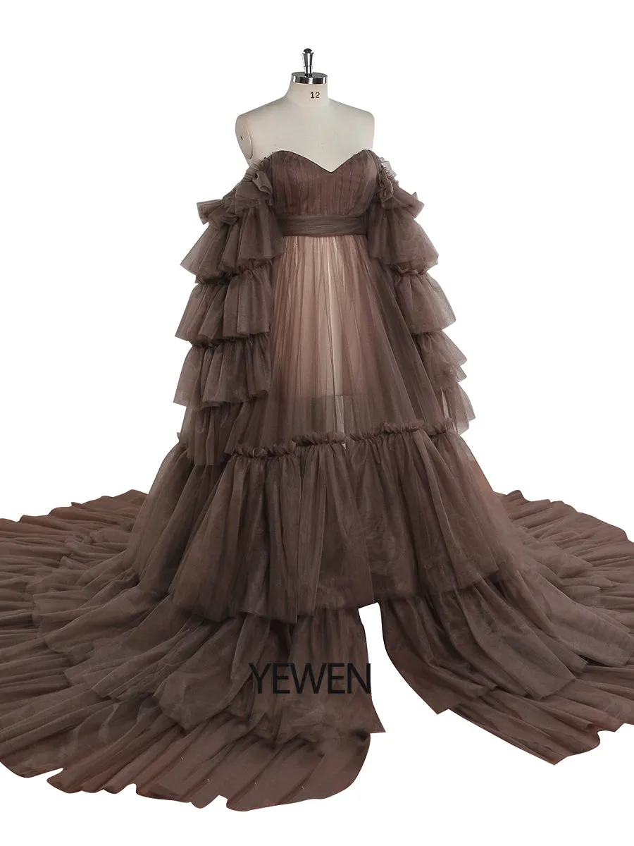 New Arrival Tulle Maternity Dress for Photo Shoots Ruffled Lace Up Evening Gown Photography Gown YEWEN YW220934