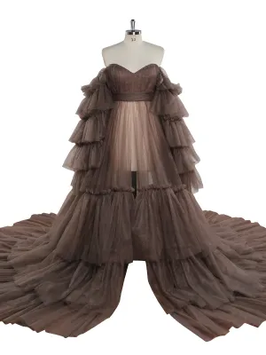New Arrival Tulle Maternity Dress for Photo Shoots Ruffled Lace Up Evening Gown Photography Gown YEWEN YW220934