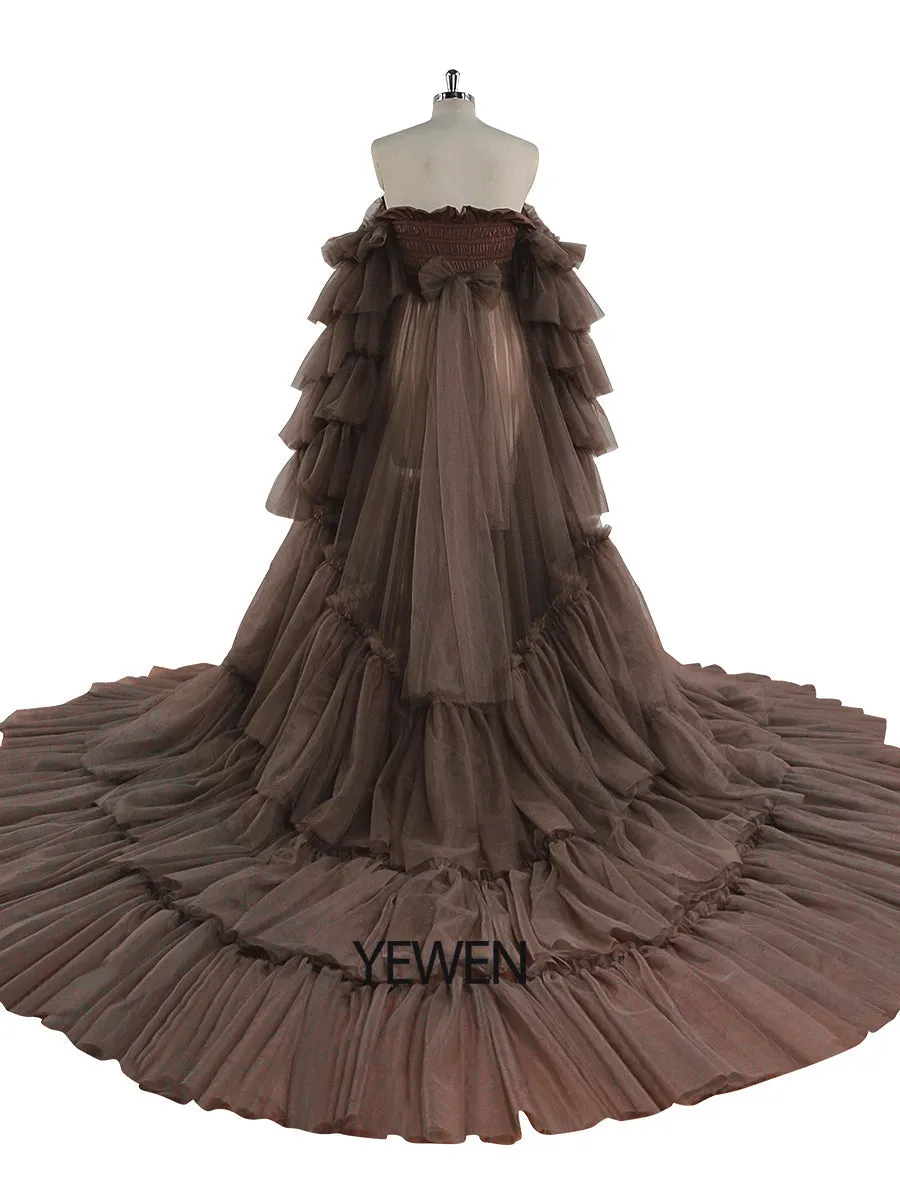 New Arrival Tulle Maternity Dress for Photo Shoots Ruffled Lace Up Evening Gown Photography Gown YEWEN YW220934