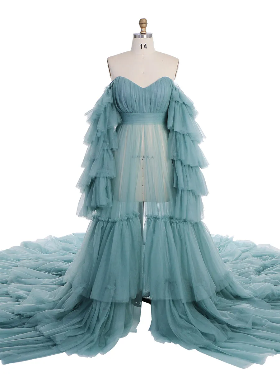 New Arrival Tulle Maternity Dress for Photo Shoots Ruffled Lace Up Evening Gown Photography Gown YEWEN YW220934