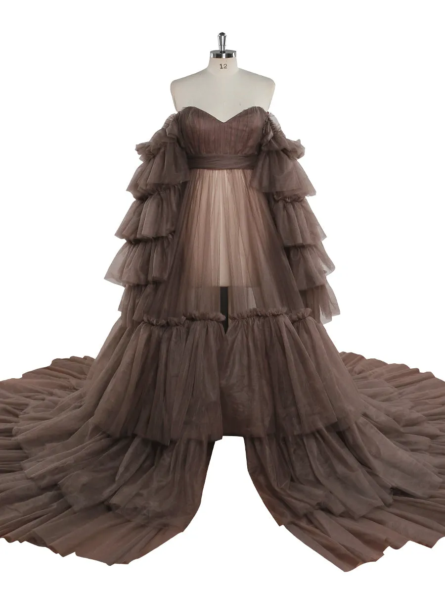 New Arrival Tulle Maternity Dress for Photo Shoots Ruffled Lace Up Evening Gown Photography Gown YEWEN YW220934