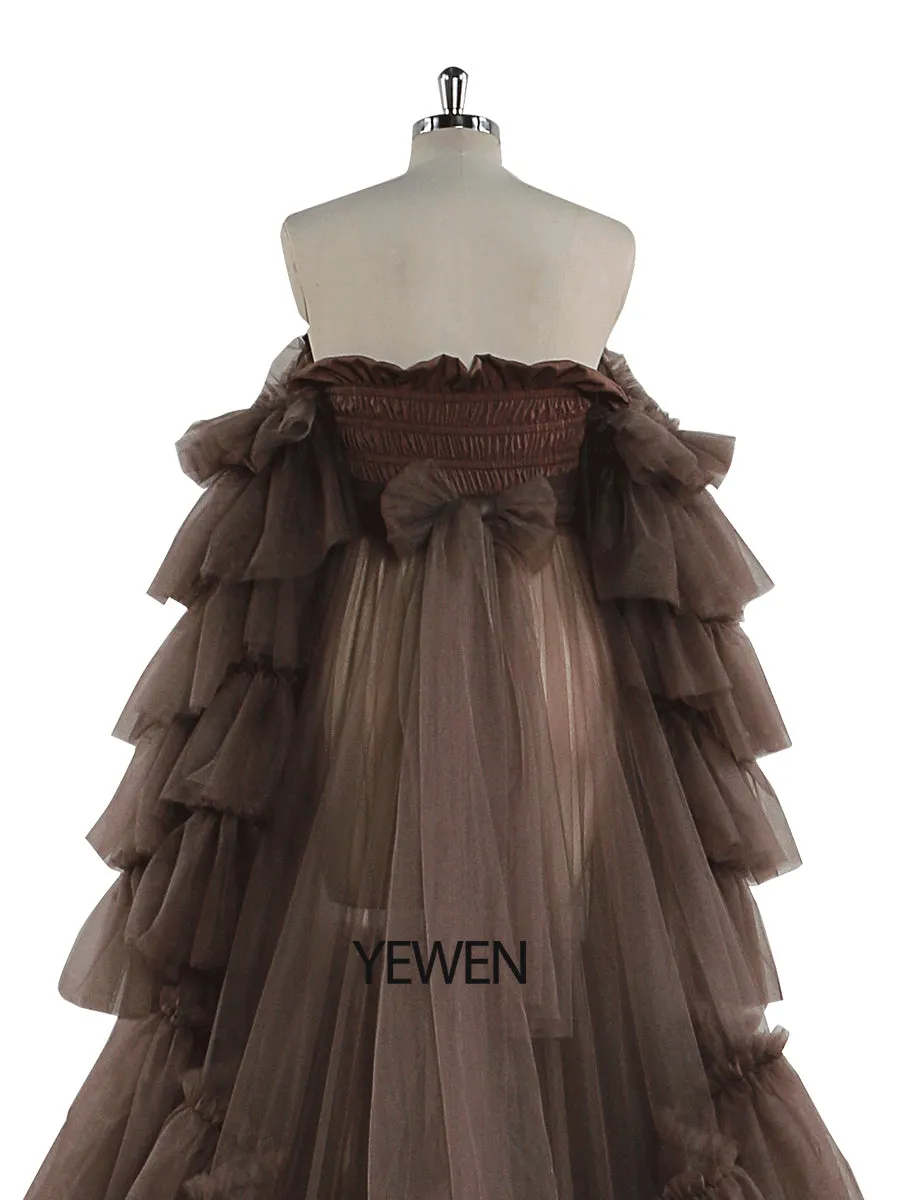 New Arrival Tulle Maternity Dress for Photo Shoots Ruffled Lace Up Evening Gown Photography Gown YEWEN YW220934