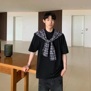 Non-detachable Plaid Shawl T-shirt