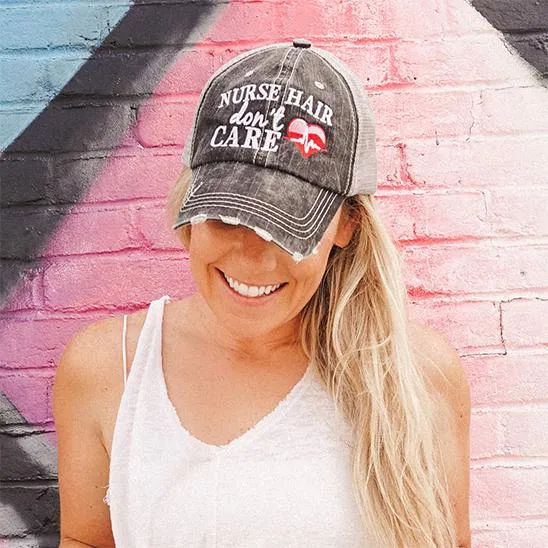 Nurse hat Nurse hair dont care Mask Heart Embroidered gray distressed trucker cap Nursing Heartbeat