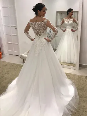 Off Shoulder Long Sleeve Lace Tulle Ball Gown Wedding Dresses , AB1507