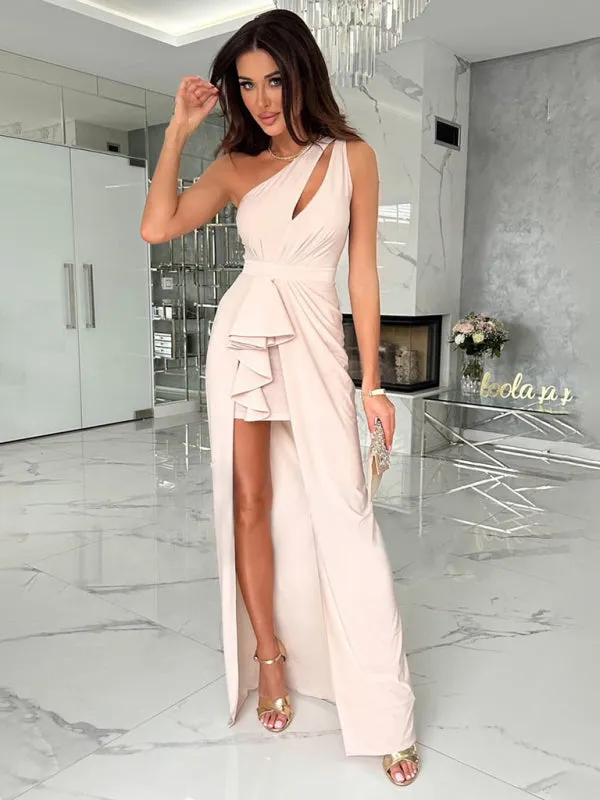 Off-Shoulder Maxi Dress with High Slit and Ruffled Design