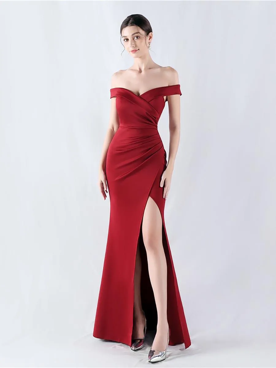 Off Shoulder Ruched Split Prom Dress MYN1003