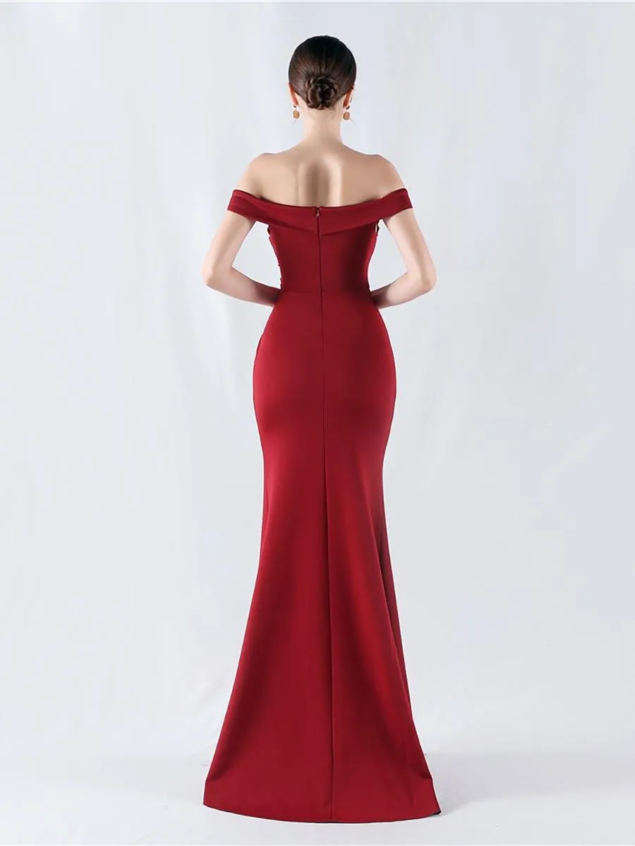 Off Shoulder Ruched Split Prom Dress MYN1003