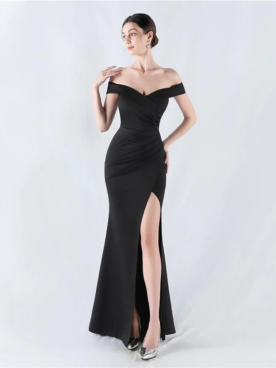Off Shoulder Ruched Split Prom Dress MYN1003