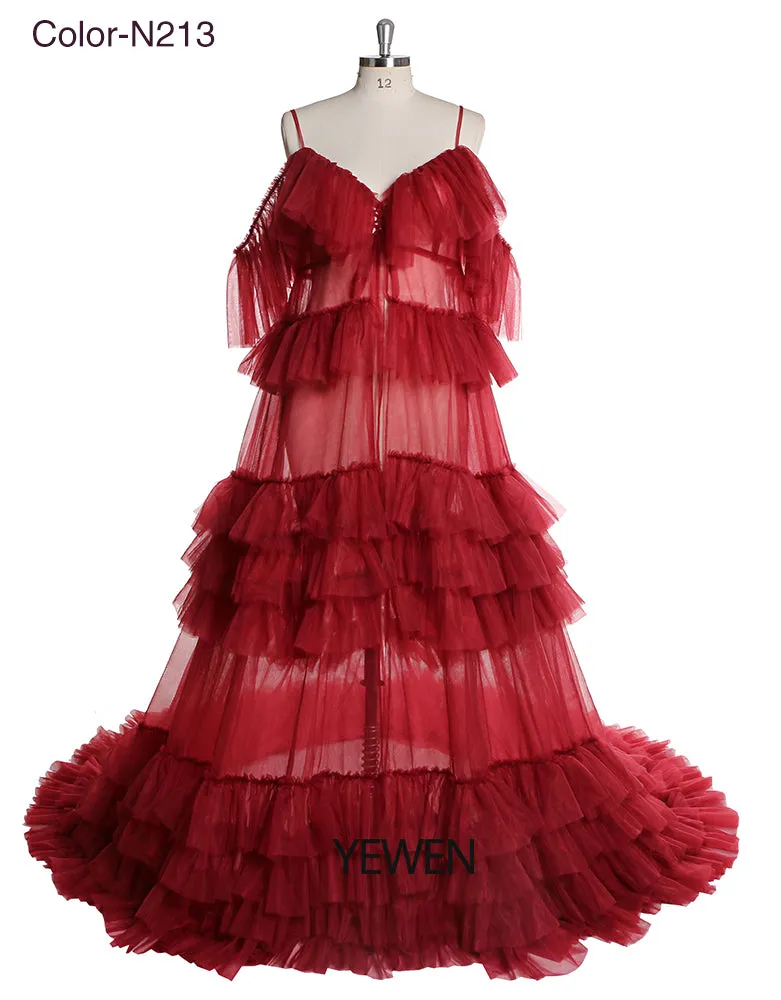 Off Shoulder Ruffled Elegant See Through Maternity Dress For Photo Shoot