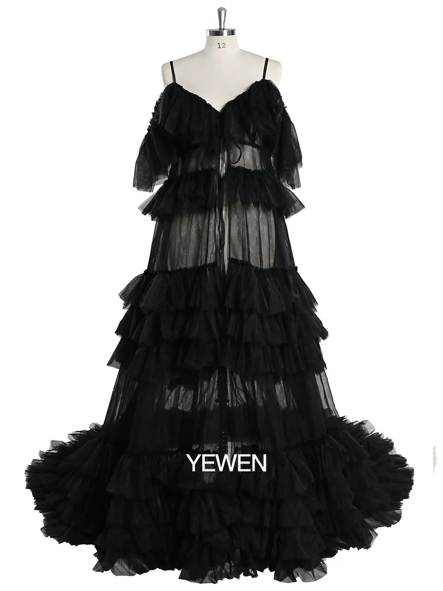 Off Shoulder Ruffled Elegant See Through Maternity Dress For Photo Shoot