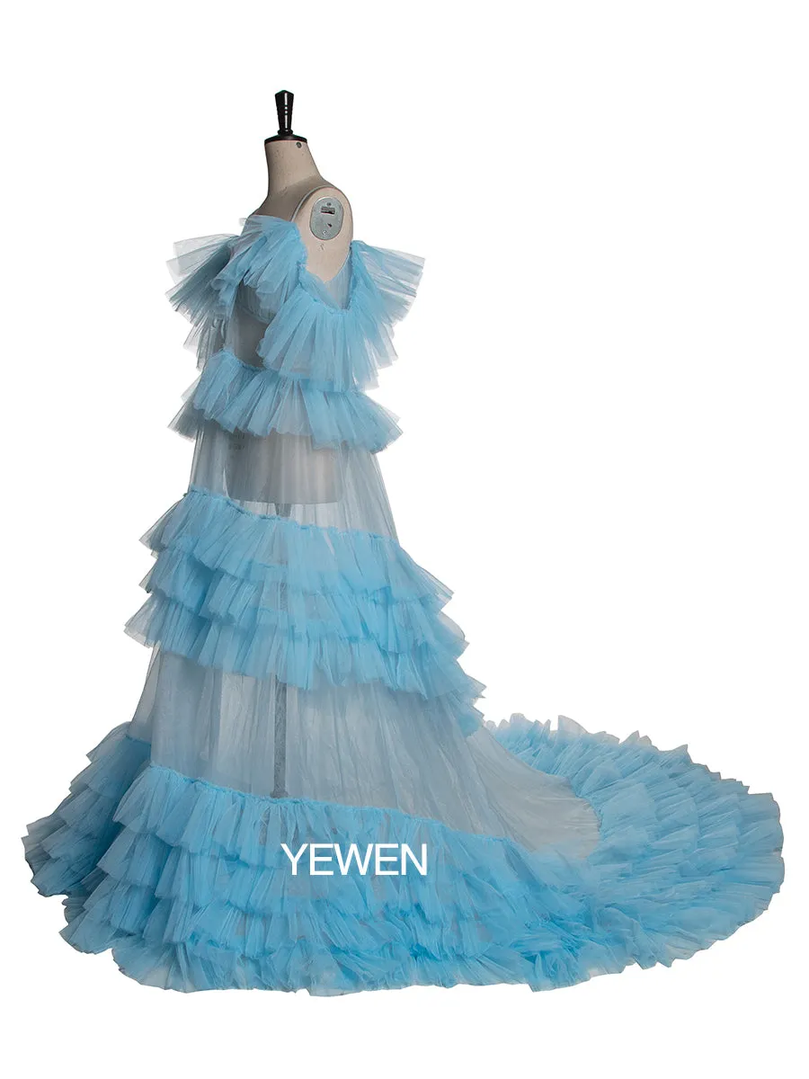 Off Shoulder Ruffled Elegant See Through Maternity Dress For Photo Shoot