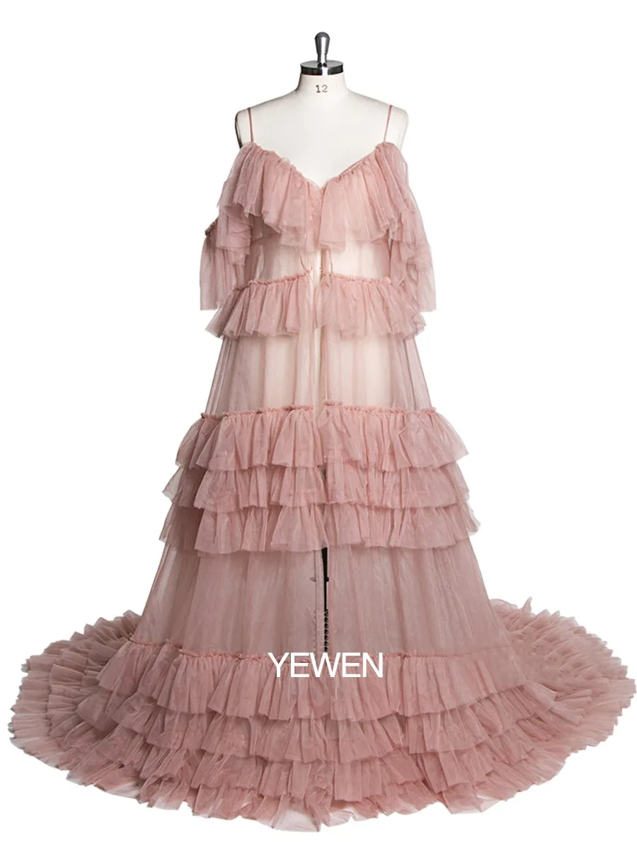 Off Shoulder Ruffled Elegant See Through Maternity Dress For Photo Shoot