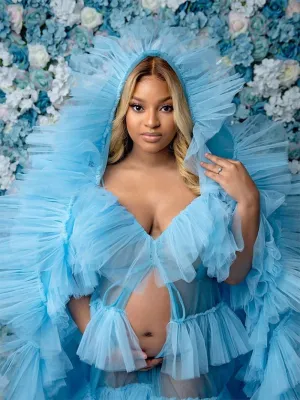 Off Shoulder Ruffled Elegant See Through Maternity Dress For Photo Shoot