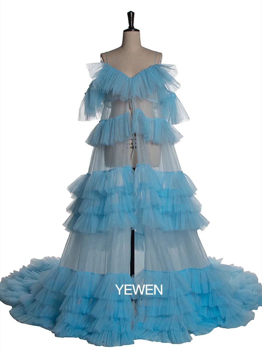 Off Shoulder Ruffled Elegant See Through Maternity Dress For Photo Shoot