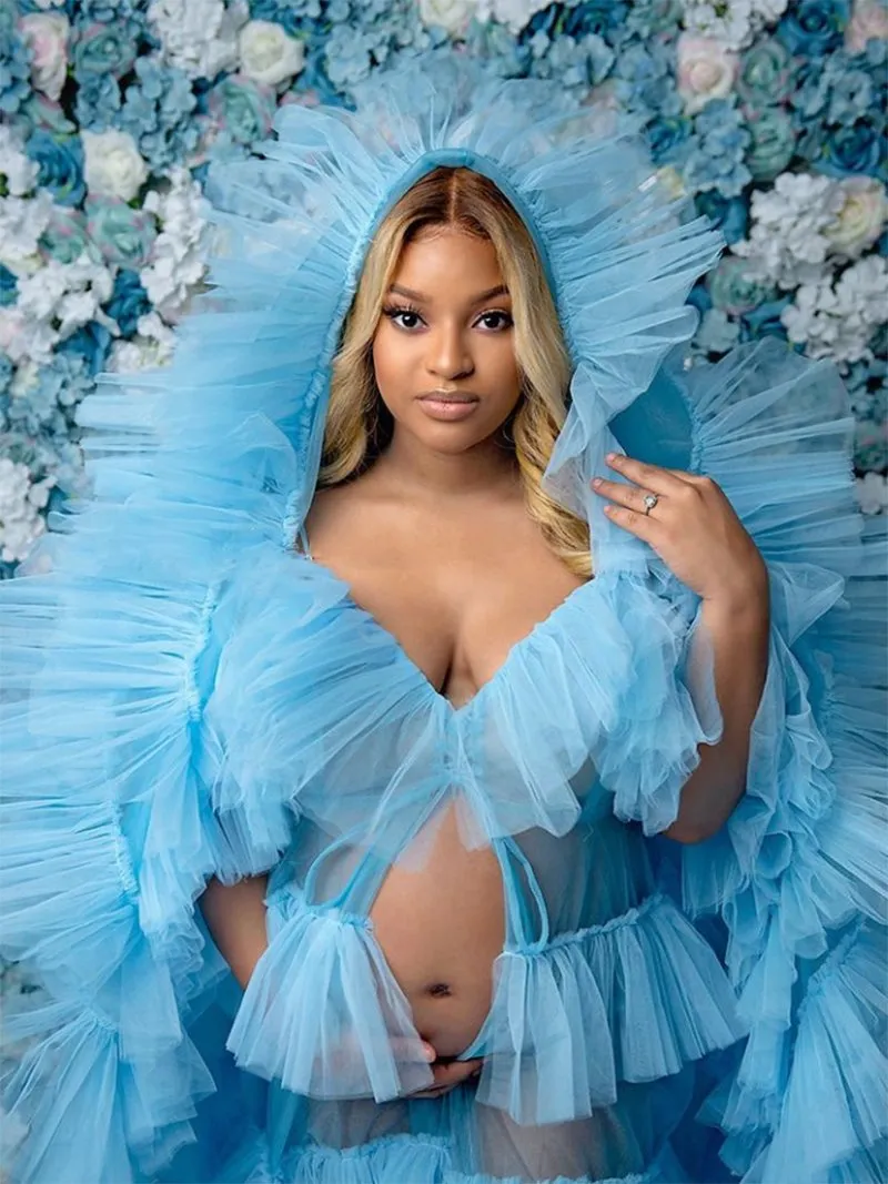Off Shoulder Ruffled Elegant See Through Maternity Dress For Photo Shoot