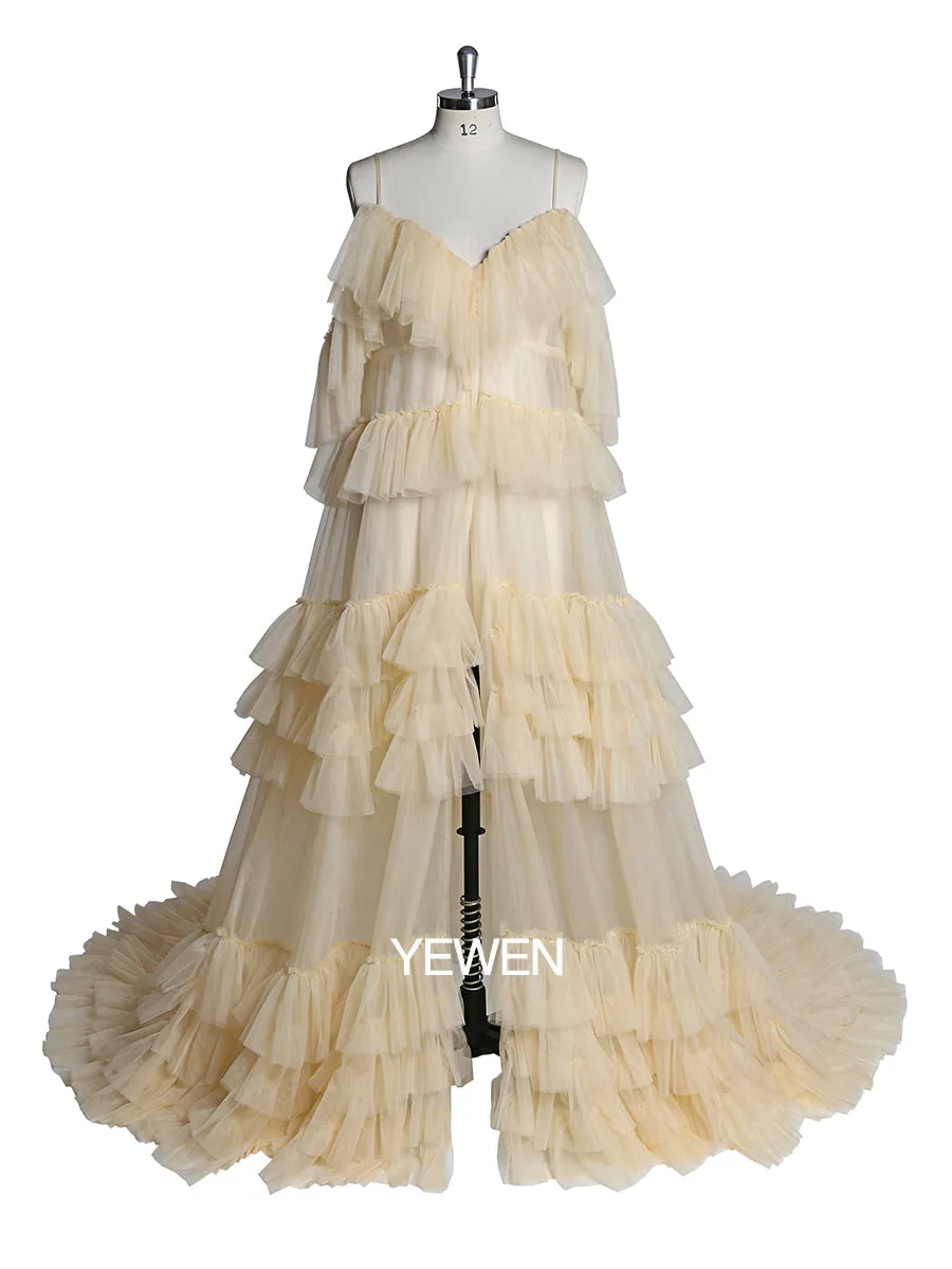 Off Shoulder Ruffled Elegant See Through Maternity Dress For Photo Shoot