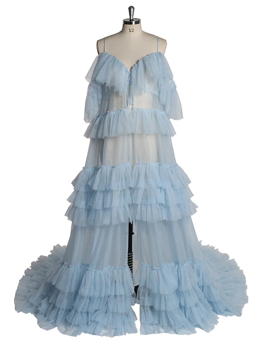 Off Shoulder Ruffled Elegant See Through Maternity Dress For Photo Shoot